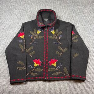 Tally-Ho Jacket Women's L Black Wool Floral Embroidered Full Zip Grandma